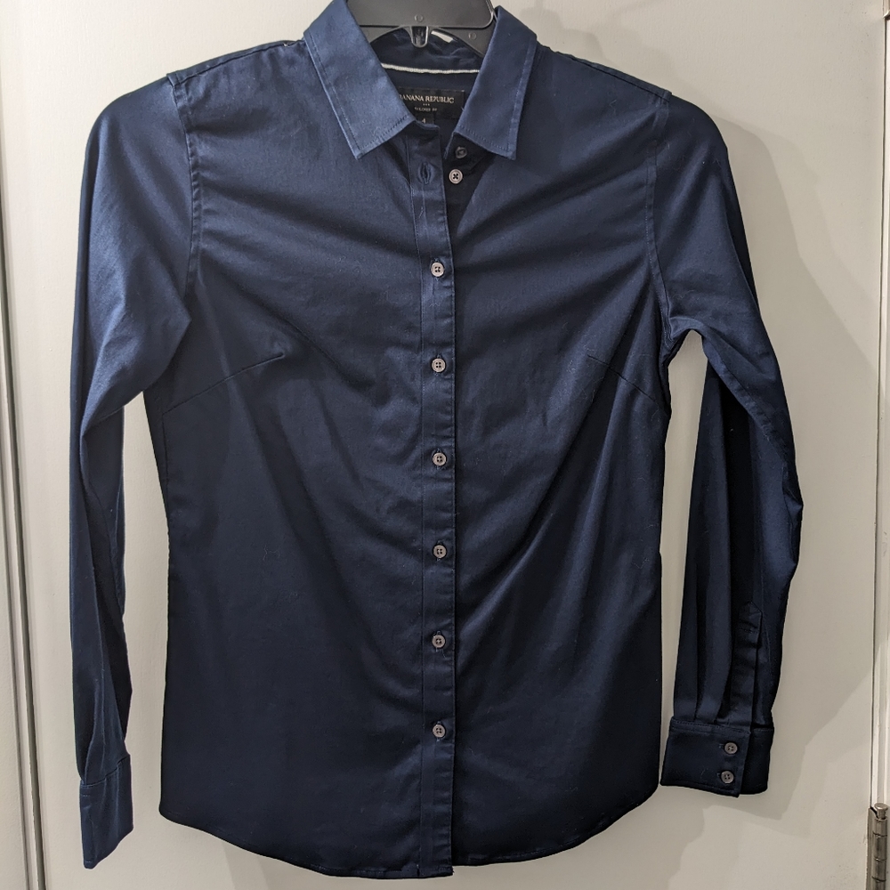 Tailored Non-Iron Shirt, Navy, Banana Republic Factory, Size 4